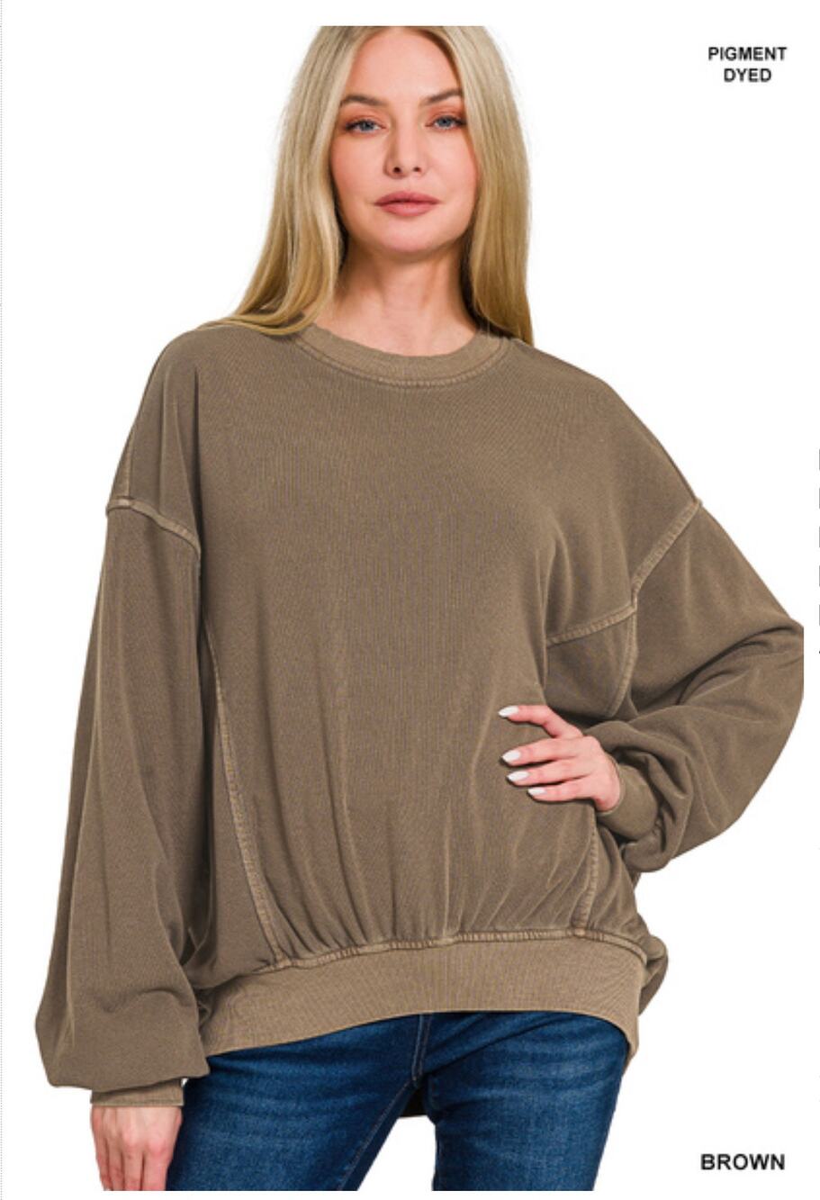 Zenana SWEATSHIRT PULLOVER BROWN Pigment Dyed S-3X Oversized Batwing Pullover